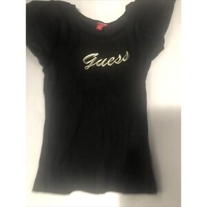 Guess Top Ribbed Black Gold Embroidered Script Logo Bling Y2K 90's XS